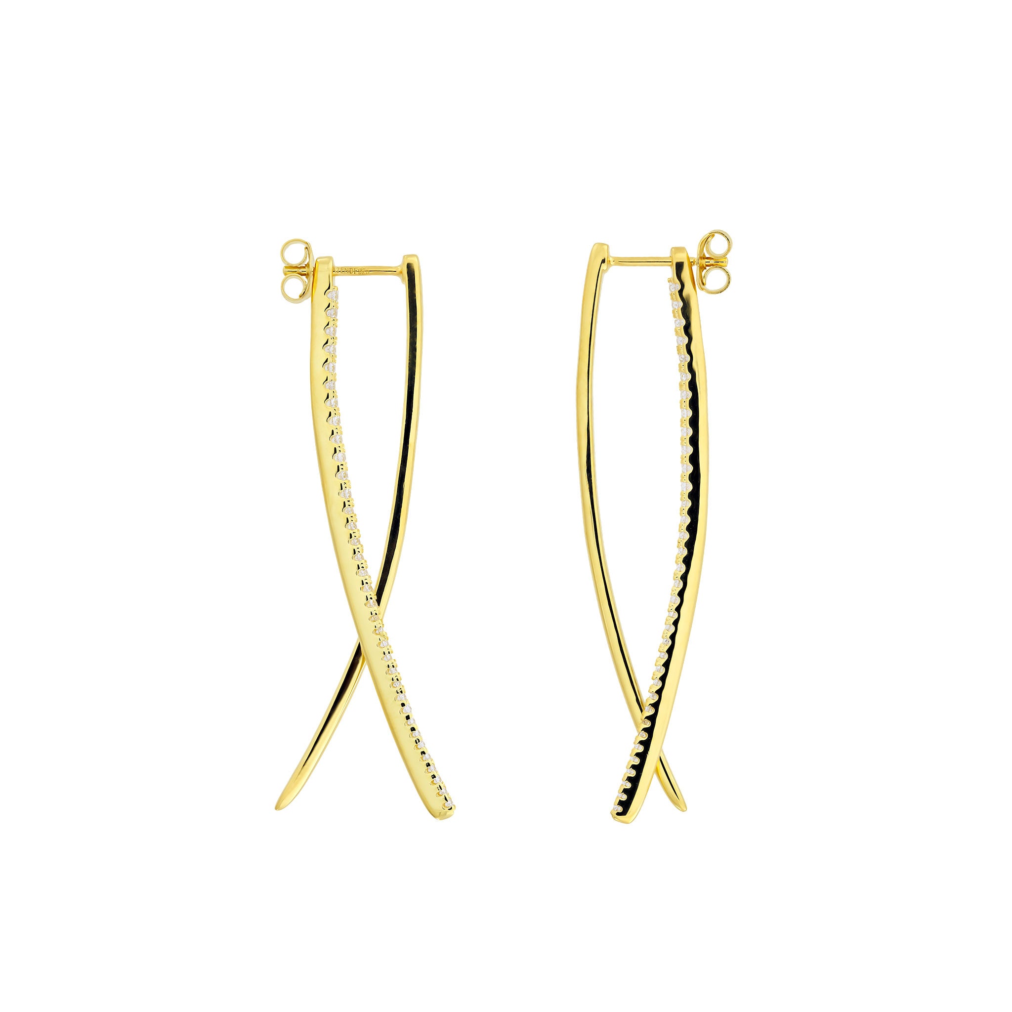 Pair of elegant gold vermeil earrings featuring a balanced double curl design with pavé detailing, showcasing contemporary sterling silver jewellery sophistication by Azendi.