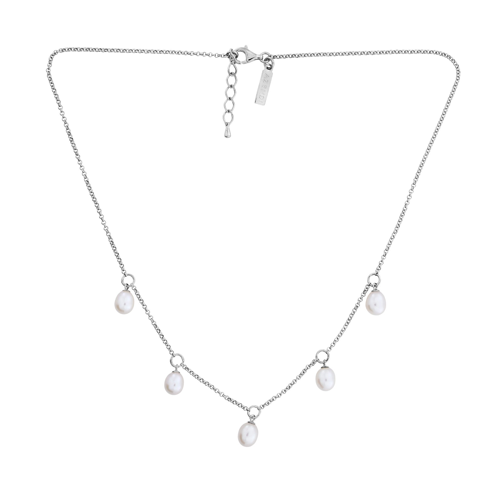 Sterling silver necklace featuring five delicate teardrop freshwater pearls evenly spaced along a fine chain with an adjustable clasp for versatile wear.