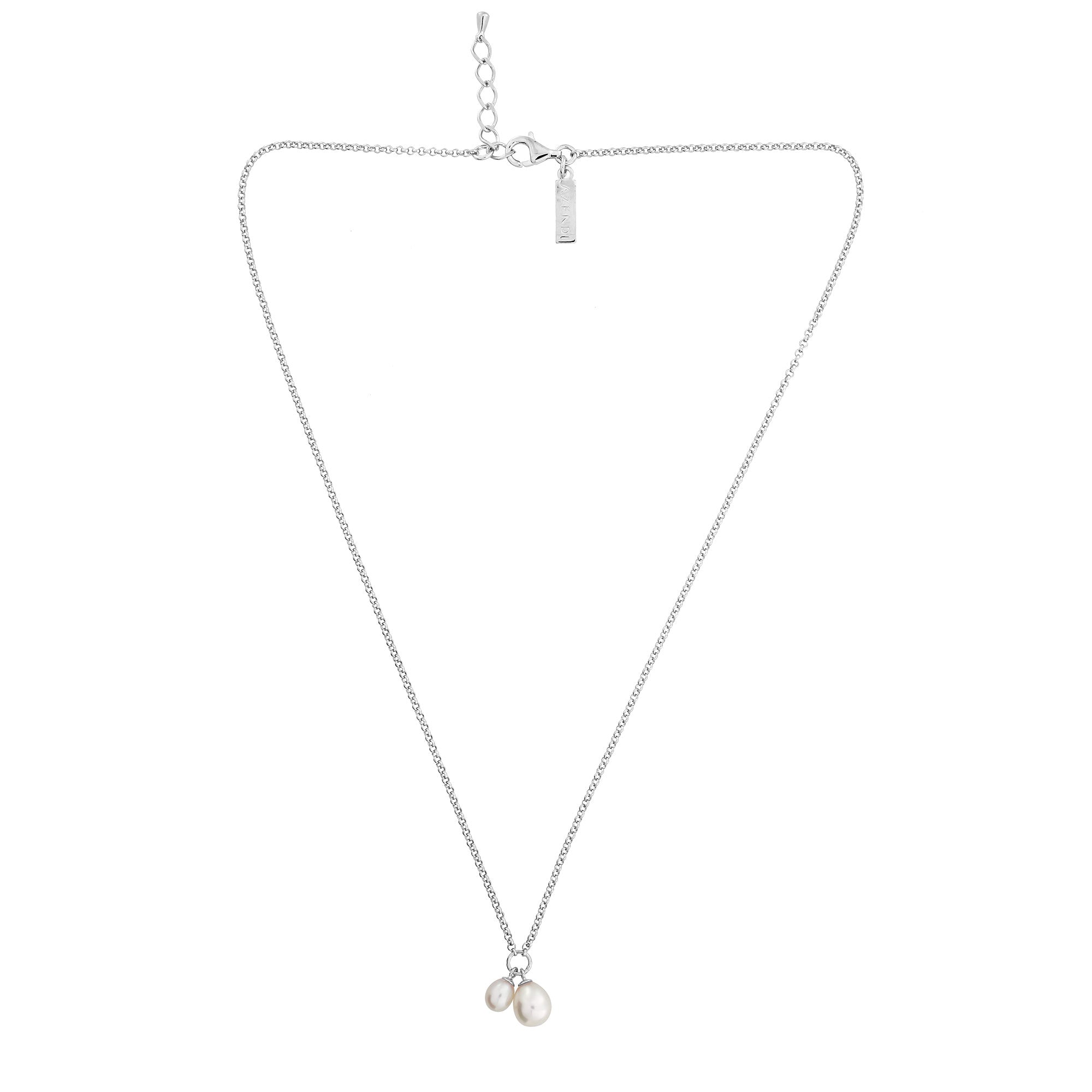 Sterling silver necklace featuring a fine chain with a double teardrop freshwater pearl pendant, designed with minimalist elegance on a white background.