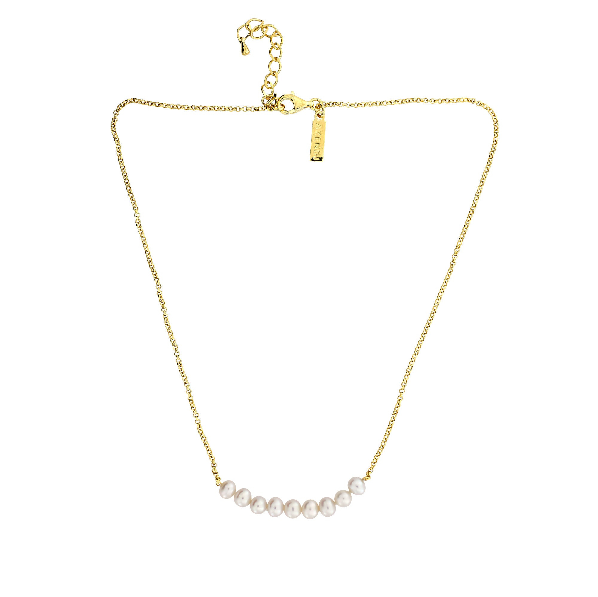 Delicate gold vermeil chain necklace featuring nine evenly spaced freshwater pearls, adjustable length for a timeless and elegant sterling silver jewellery look.