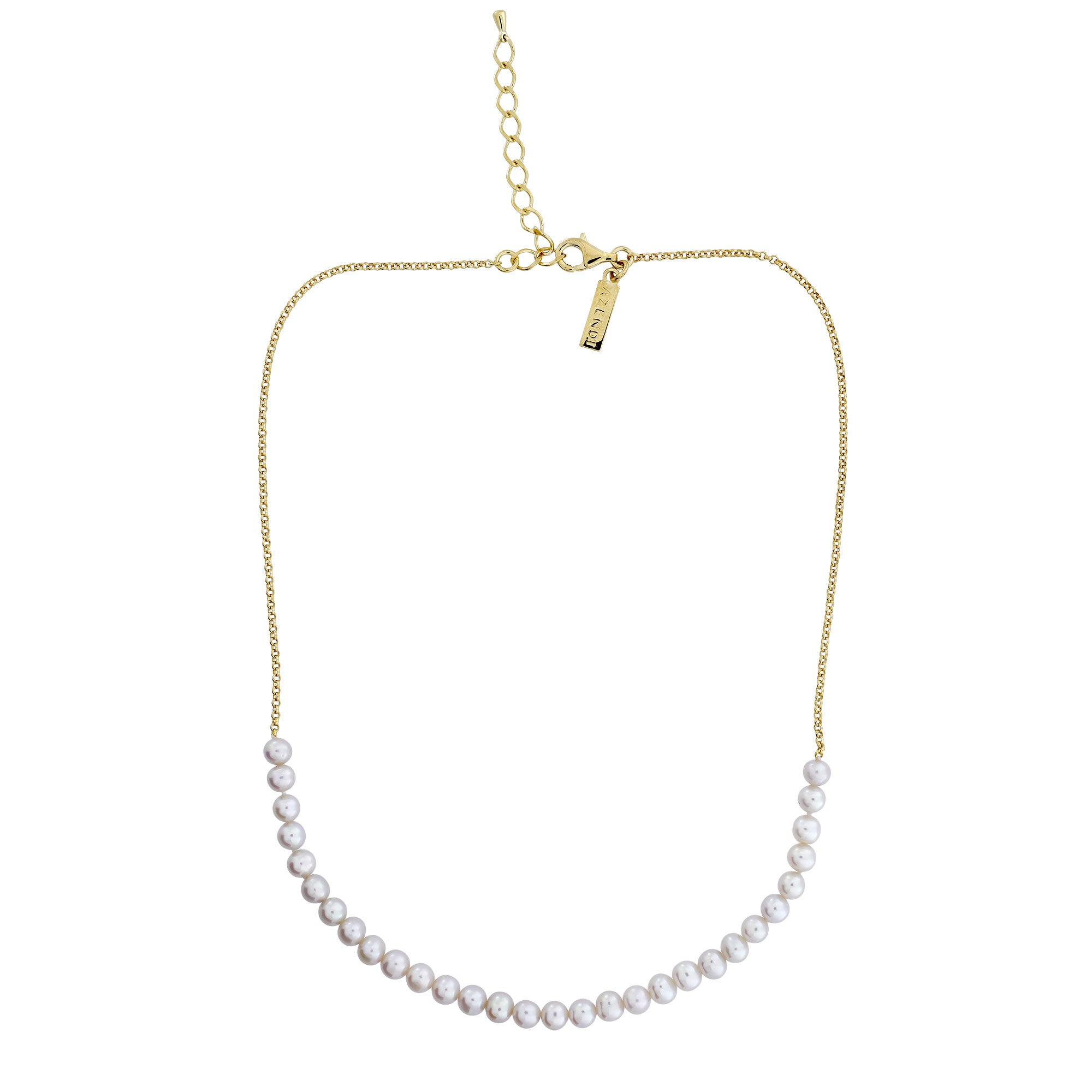 Delicate gold vermeil necklace featuring a strand of thirty lustrous pearls on an adjustable chain, embodying elegant simplicity with a modern designer touch.