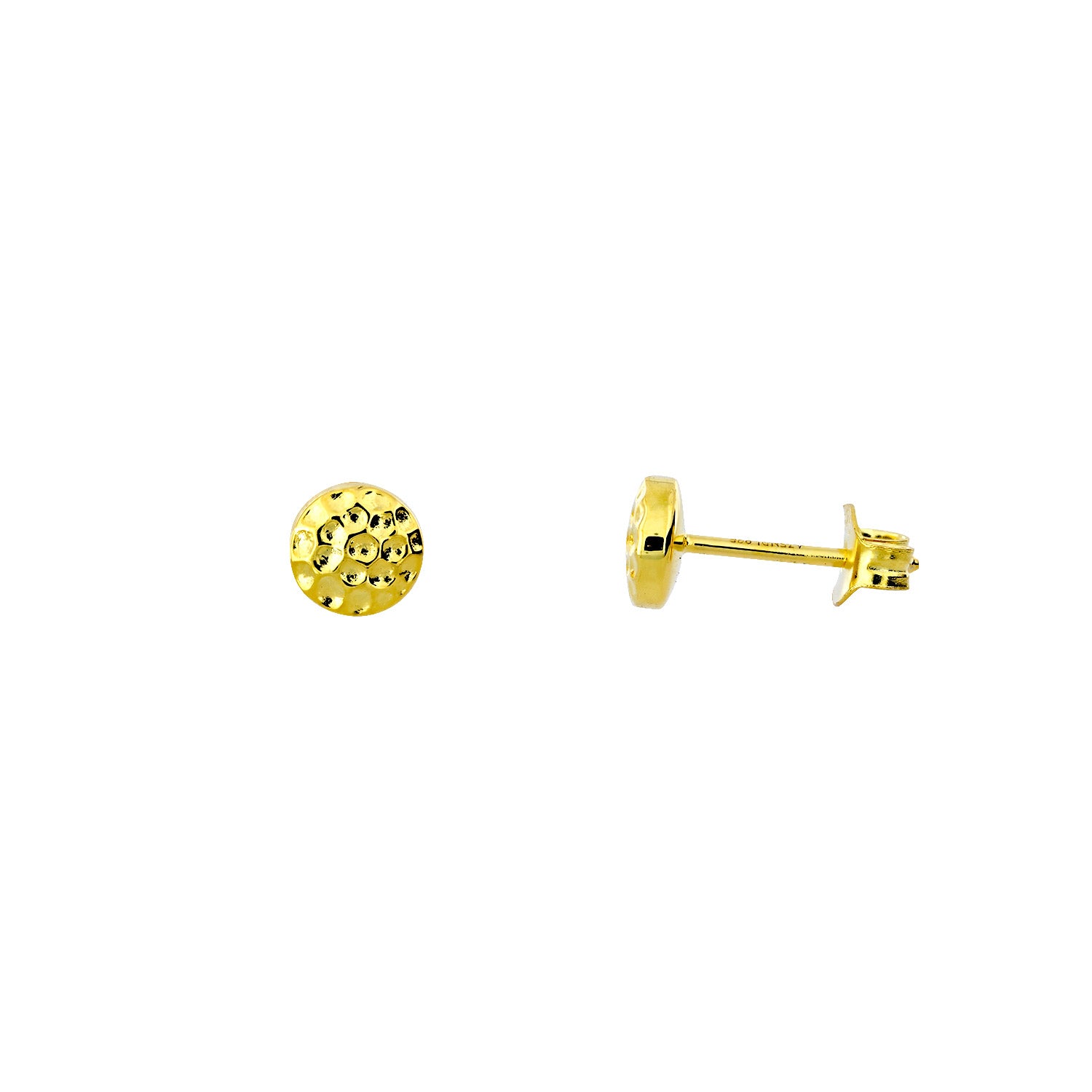 Pair of yellow gold vermeil stud earrings featuring a sculpted double curved button design with a textured, planished surface for a unique and contemporary finish.