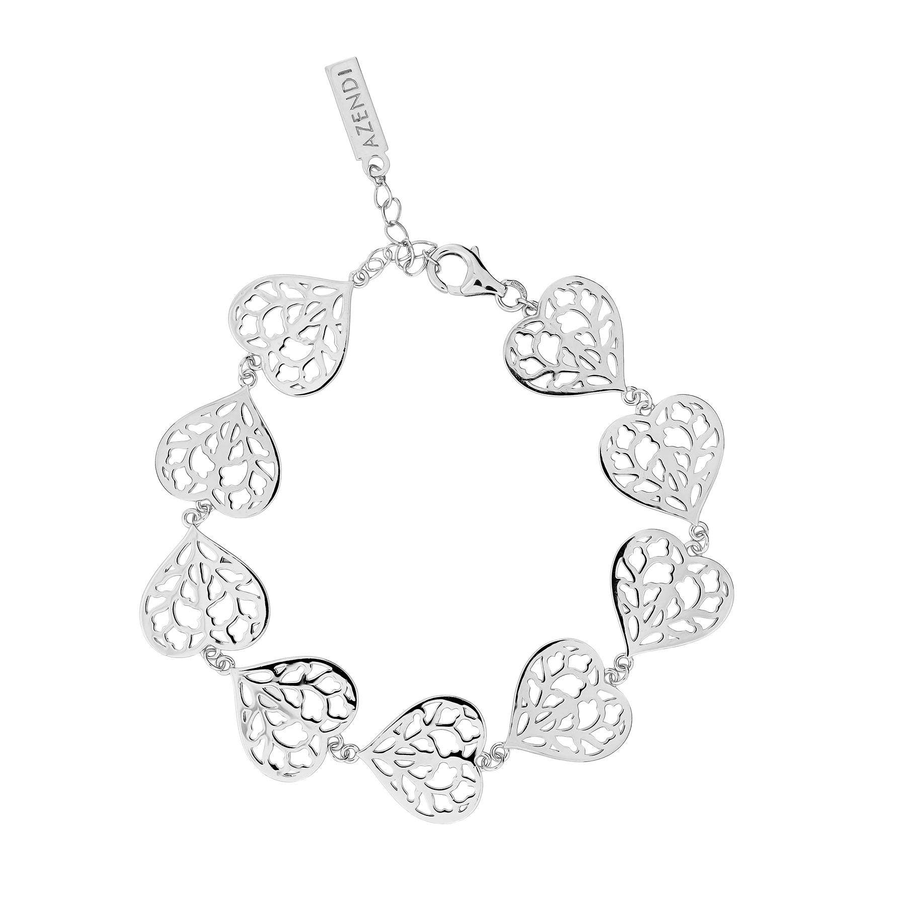 Sterling silver bracelet featuring a series of openwork heart links with intricate cut-out detailing, secured by a lobster clasp with an adjustable chain extension.