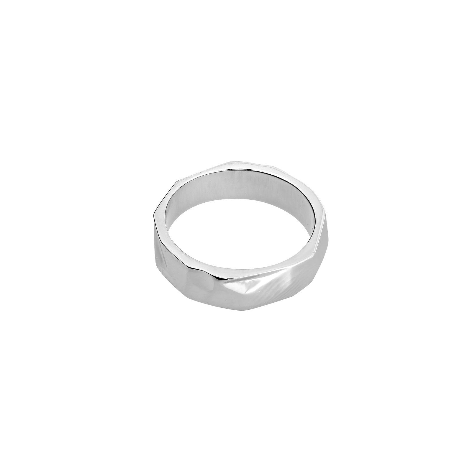 Polished sterling silver ring with a distinctive faceted surface, available in three widths, showcasing a modern and sculptural design in refined silver jewellery.