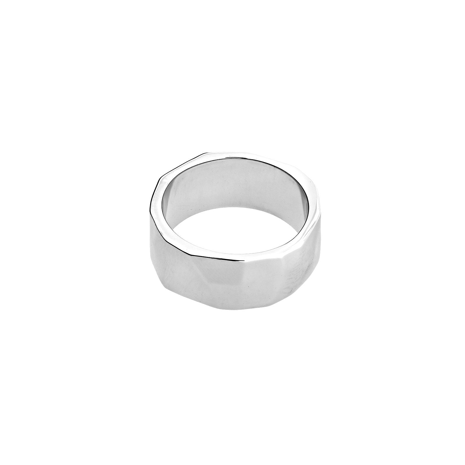 Polished sterling silver ring featuring a faceted band with a sculptural, geometric design, showcasing modern elegance in silver jewellery by Azendi.