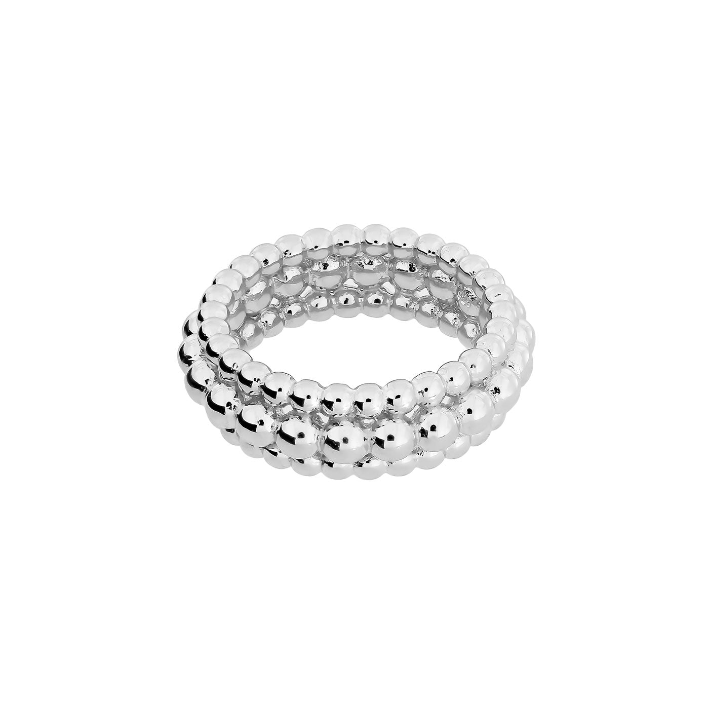 Sterling silver ring featuring three interconnected beaded bands, showcasing a sculptural and contemporary design with a polished finish for elegant silver jewellery.