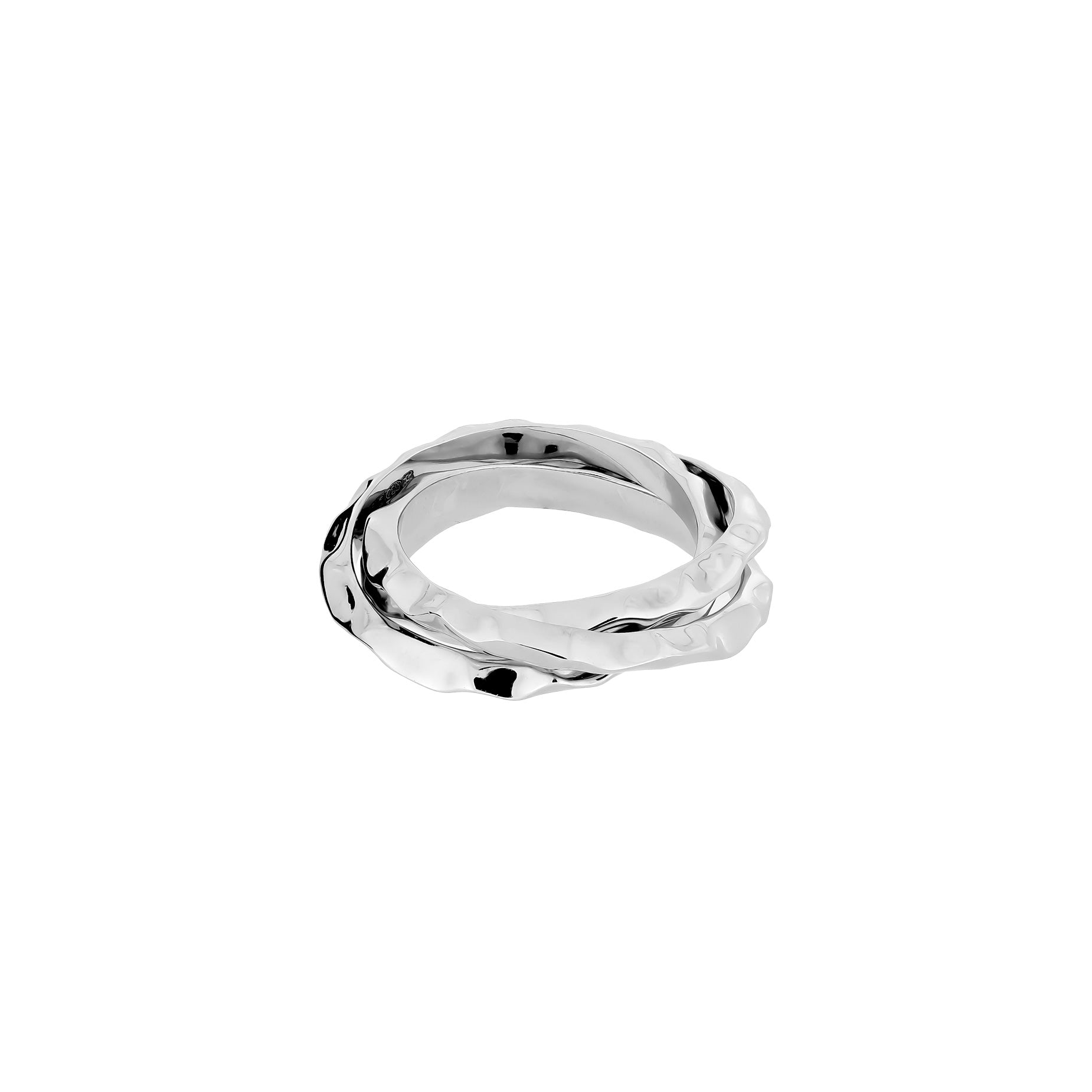 Sterling silver ring featuring a sculptural hammered texture with overlapping bands, showcasing contemporary design in fine silver jewellery.