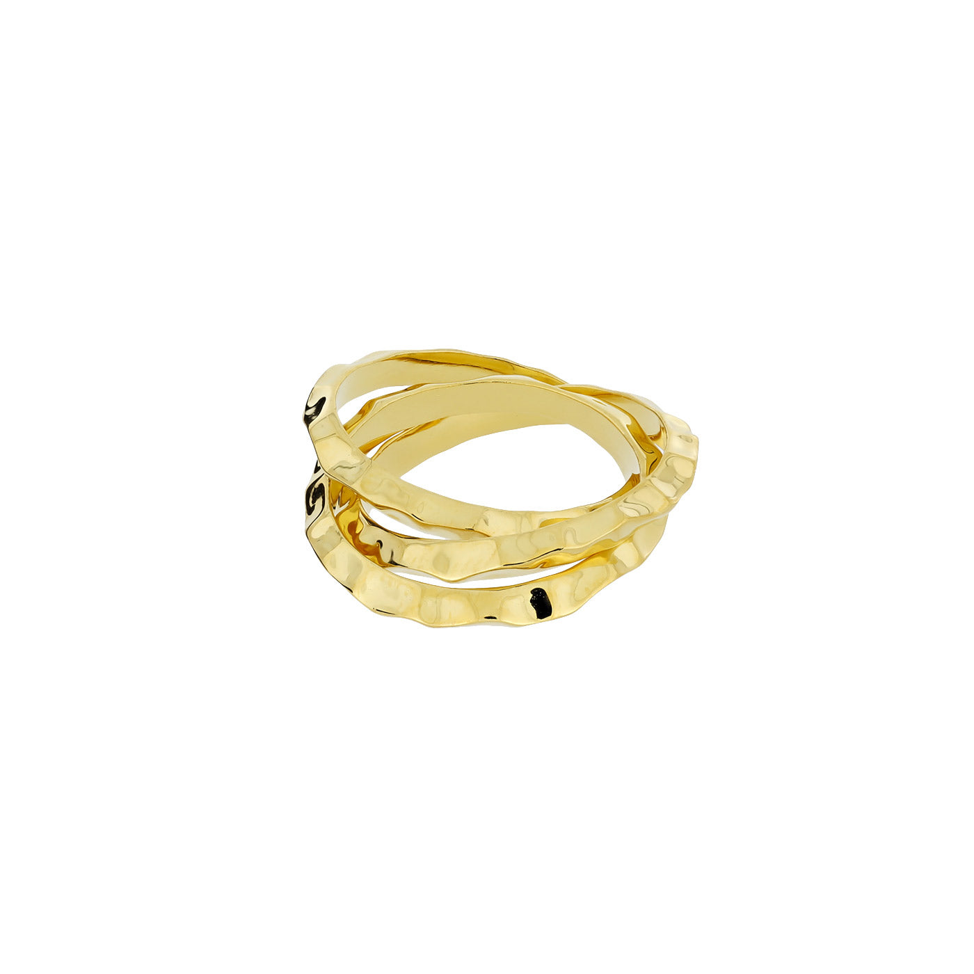 Set of three hammered Russian wedding bands in gleaming gold vermeil, showcasing a sculptural, textured finish for a contemporary sterling silver jewellery collection.