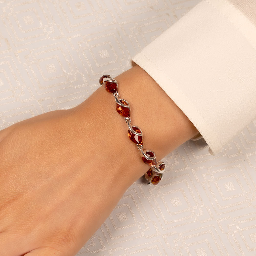 Silver Twist Amber Teardrop Links Bracelet