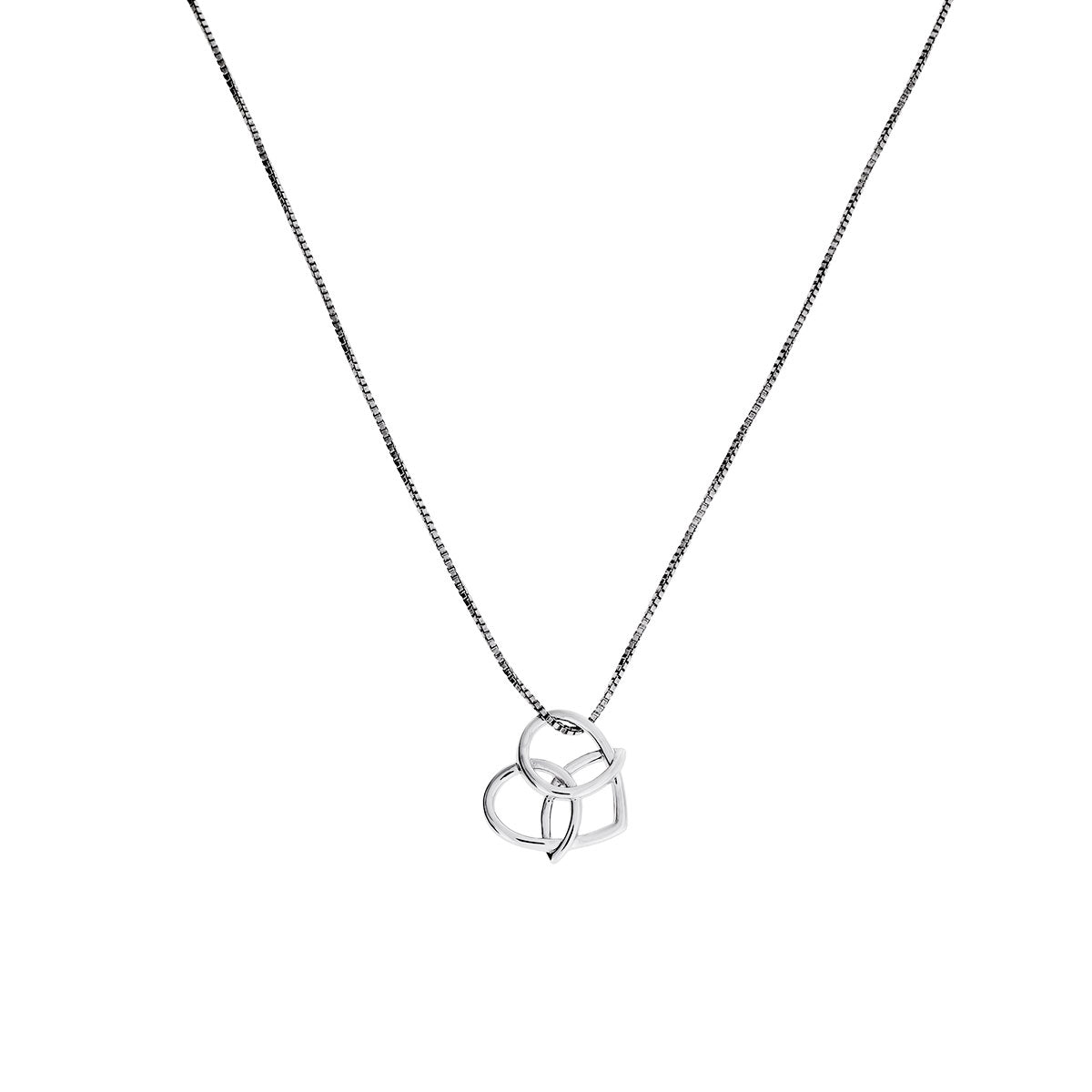 Sterling silver necklace featuring an openwork Celtic trinity heart pendant with a polished finish, embodying elegant contemporary silver jewellery design.