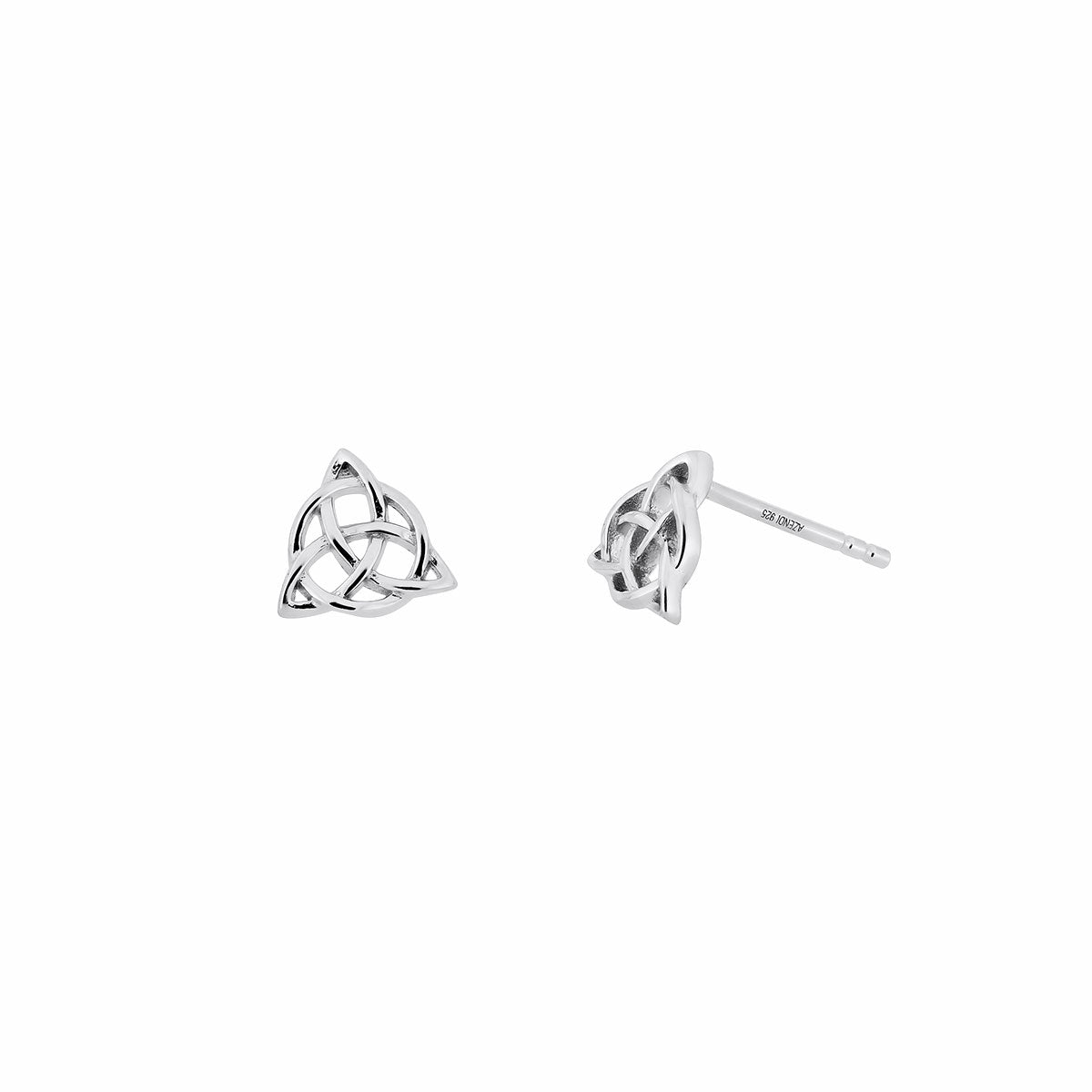 Sterling silver stud earrings featuring an openwork Celtic Trinity knot design, showcasing refined sculptural detail in a polished finish by Azendi.