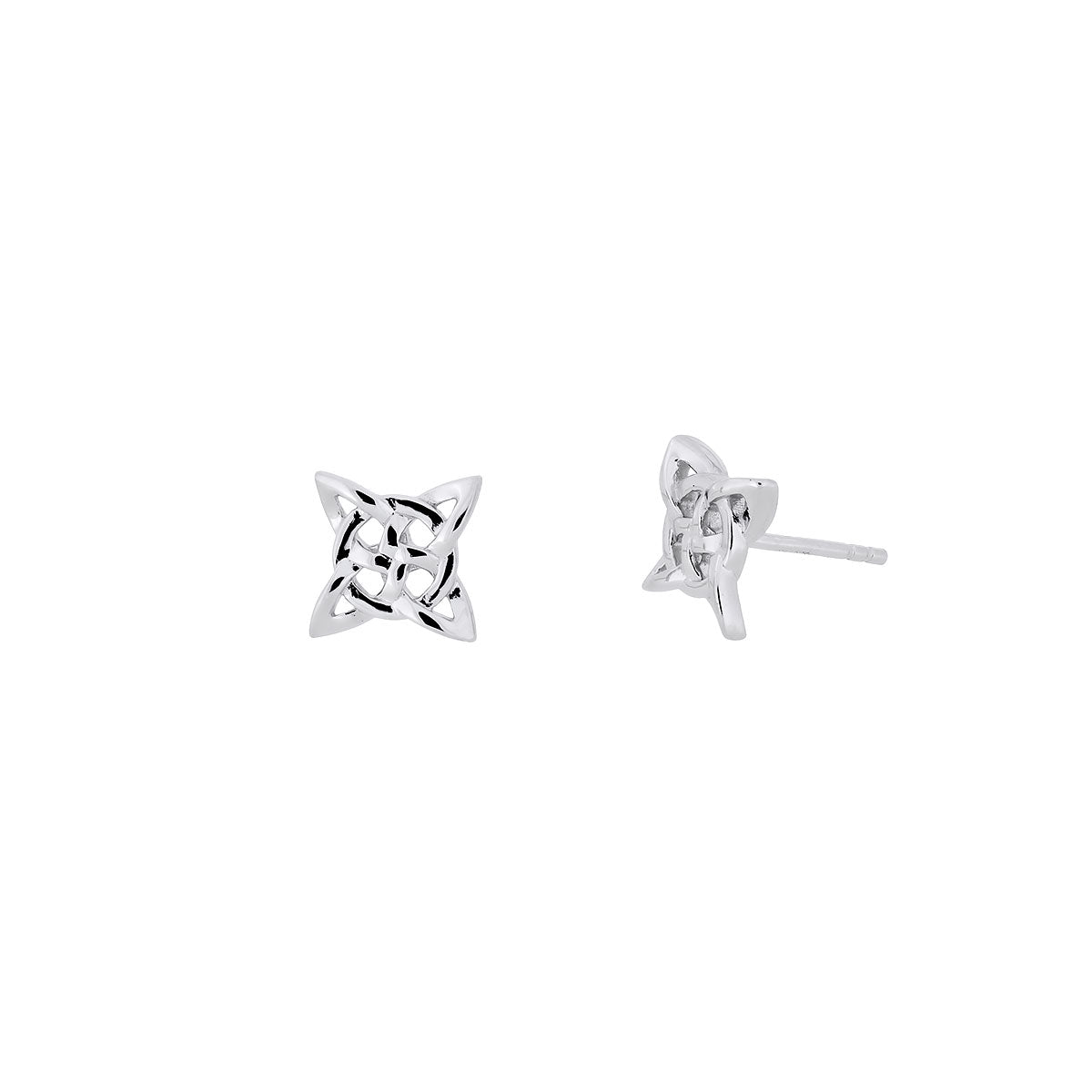 Pair of sterling silver stud earrings featuring an intricate Celtic star design, showcasing a sculptural and refined motif in contemporary silver jewellery.