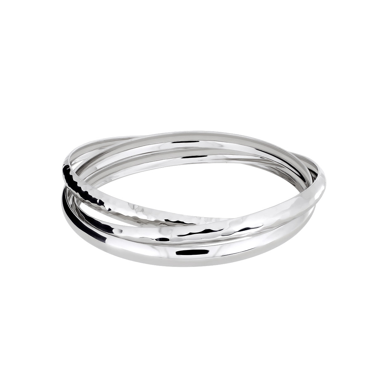 Set of three interlocking sterling silver bangles with contrasting textures, showcasing a sleek, modern design in polished and hammered finishes.