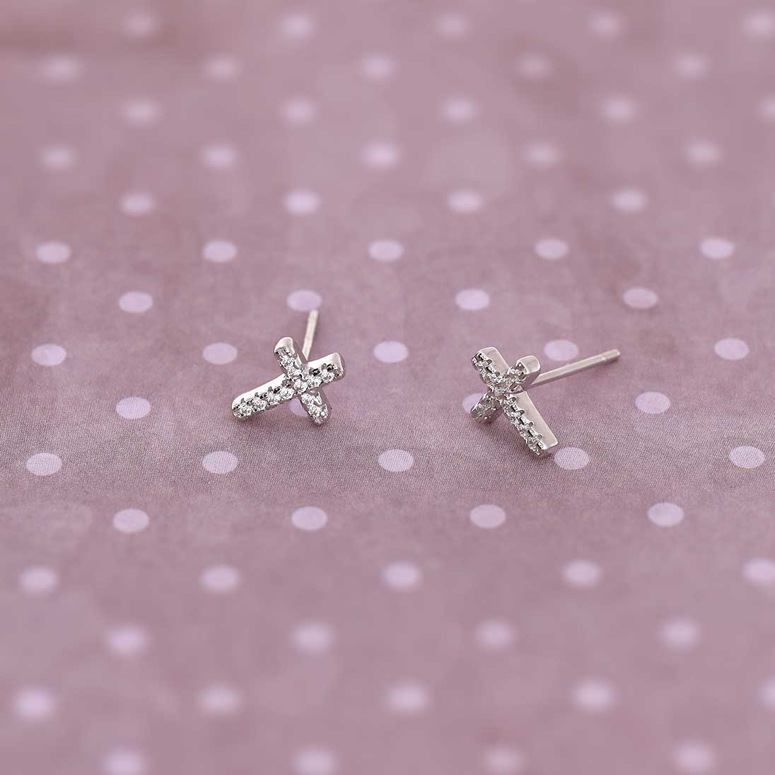 Simple Silver Pavé Cross Studs