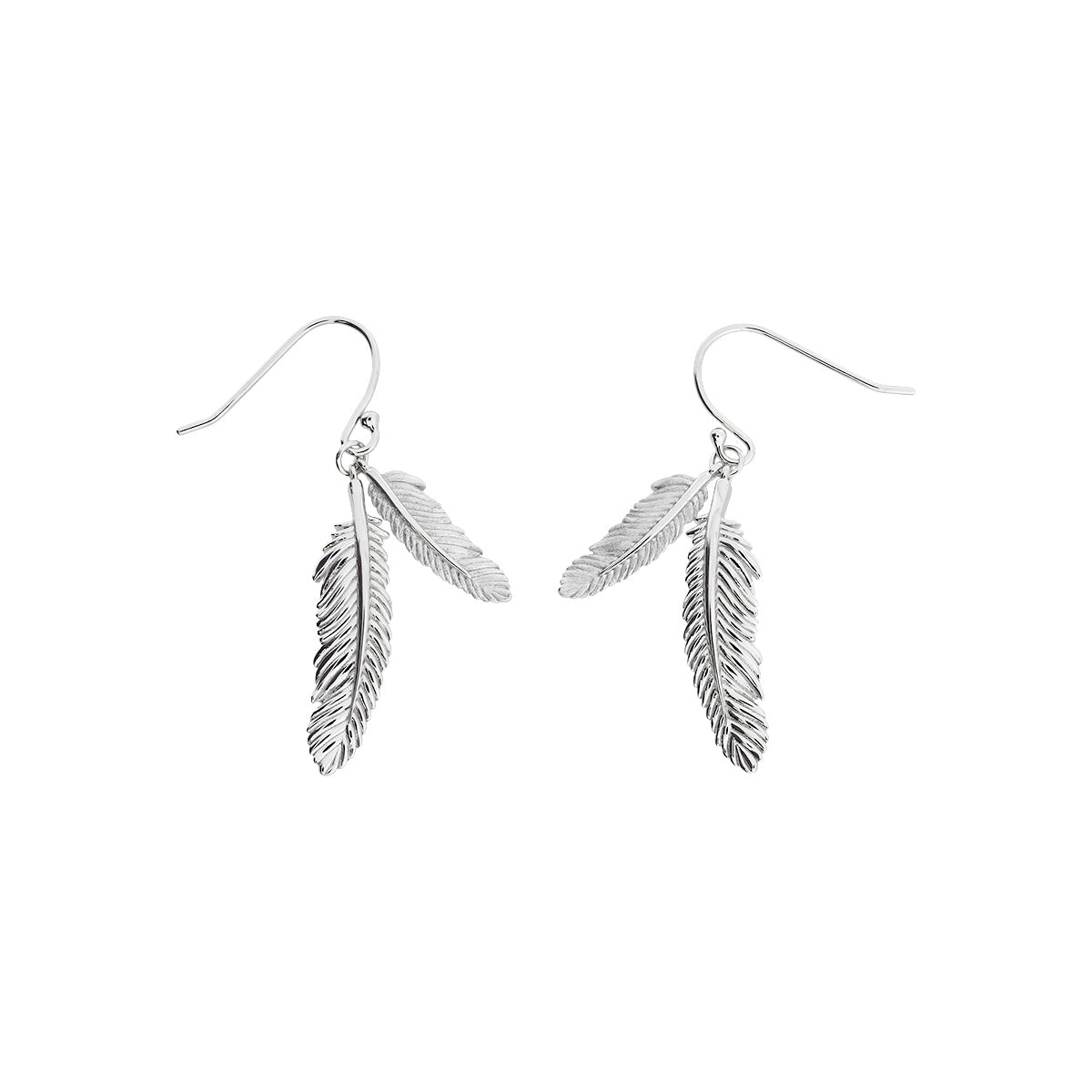 Sterling silver earrings featuring a sculptural design of two curved feathers of differing lengths, suspended from simple hooks for an elegant, contemporary look.