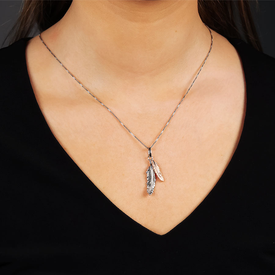 Curving Double Feather Pendant - Silver & Rose Gold Vermeil