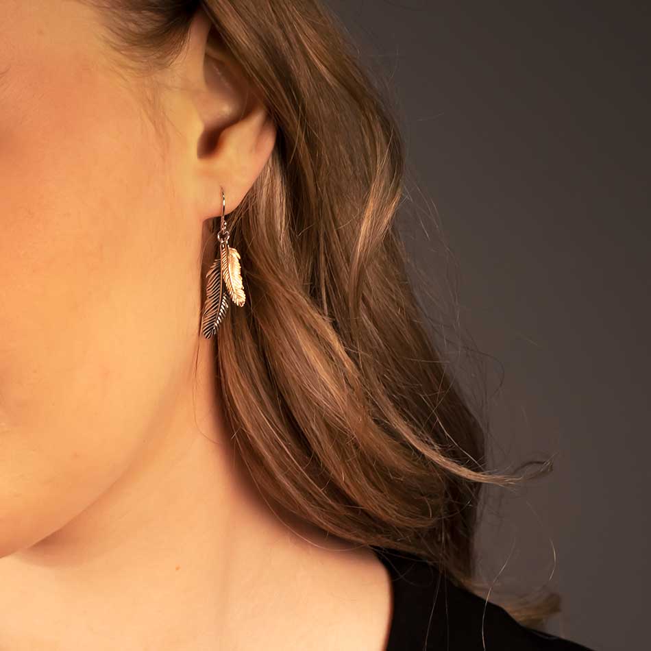Curving Double Feather Drop Earrings - Silver & Rose Gold Vermeil