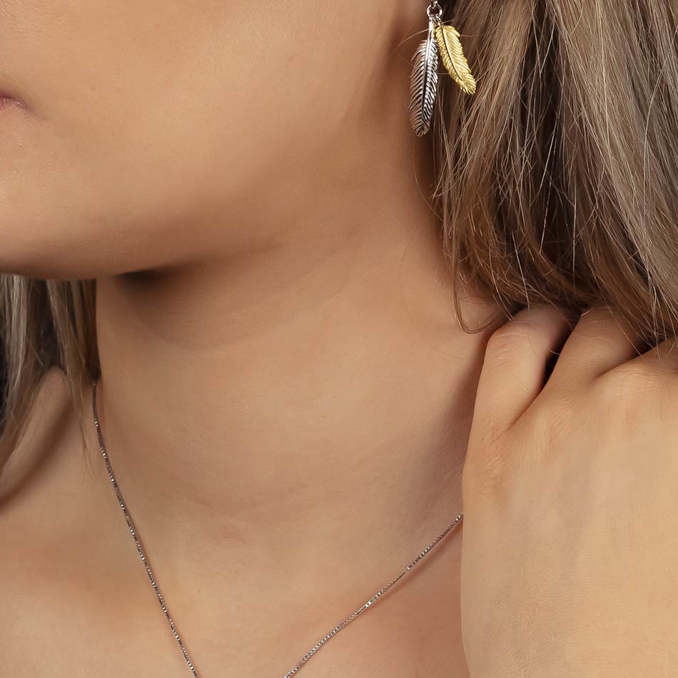 Curving Double Feather Drop Earrings - Silver & Yellow Gold Vermeil