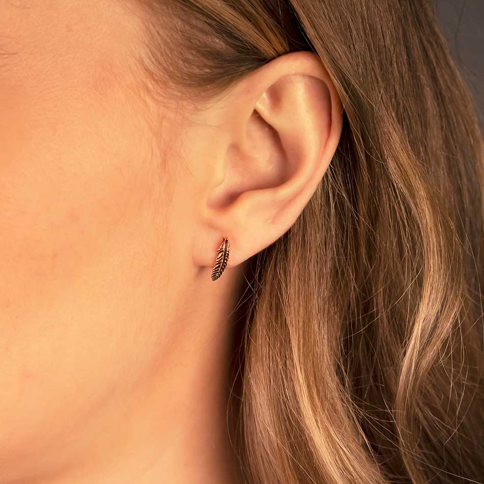Curving Single Feather Stud Earrings - Rose Gold Vermeil