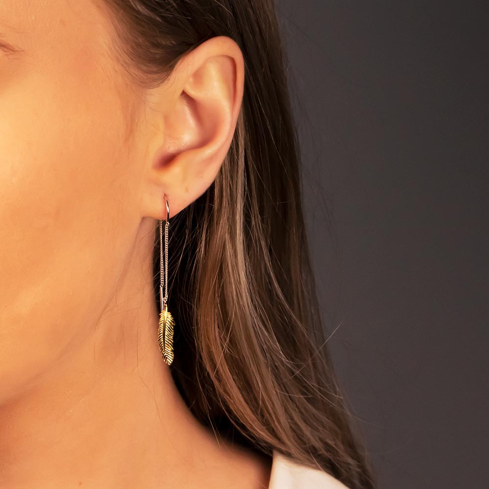 Silver & Yellow Gold Vermeil Feather Threader Earrings