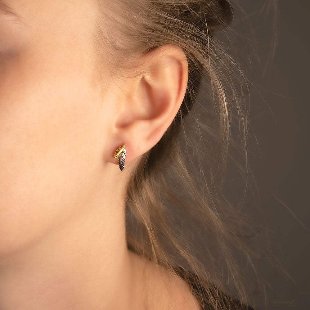 Curving Double Feather Stud Earrings - Silver & Yellow Gold Vermeil