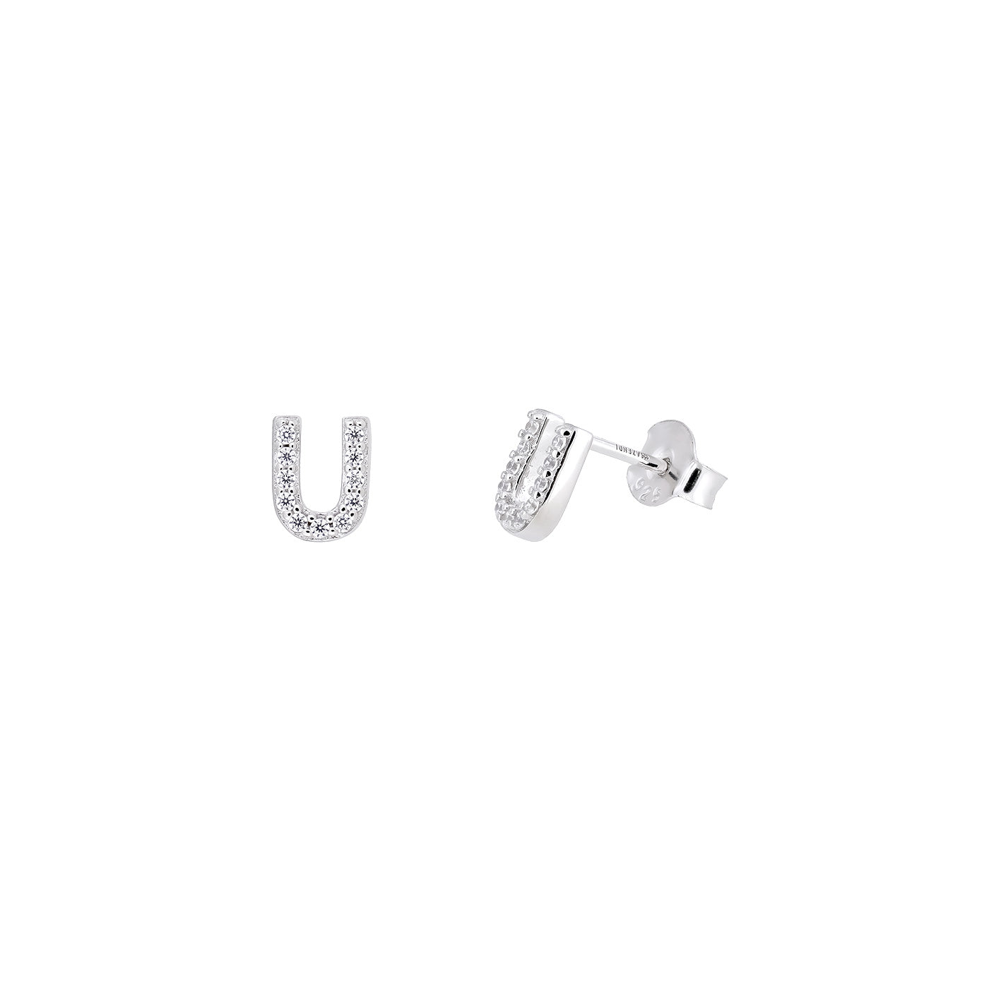 Sterling silver pavé earrings in a letter U design, featuring sparkling stones and a polished finish for a refined contemporary look.