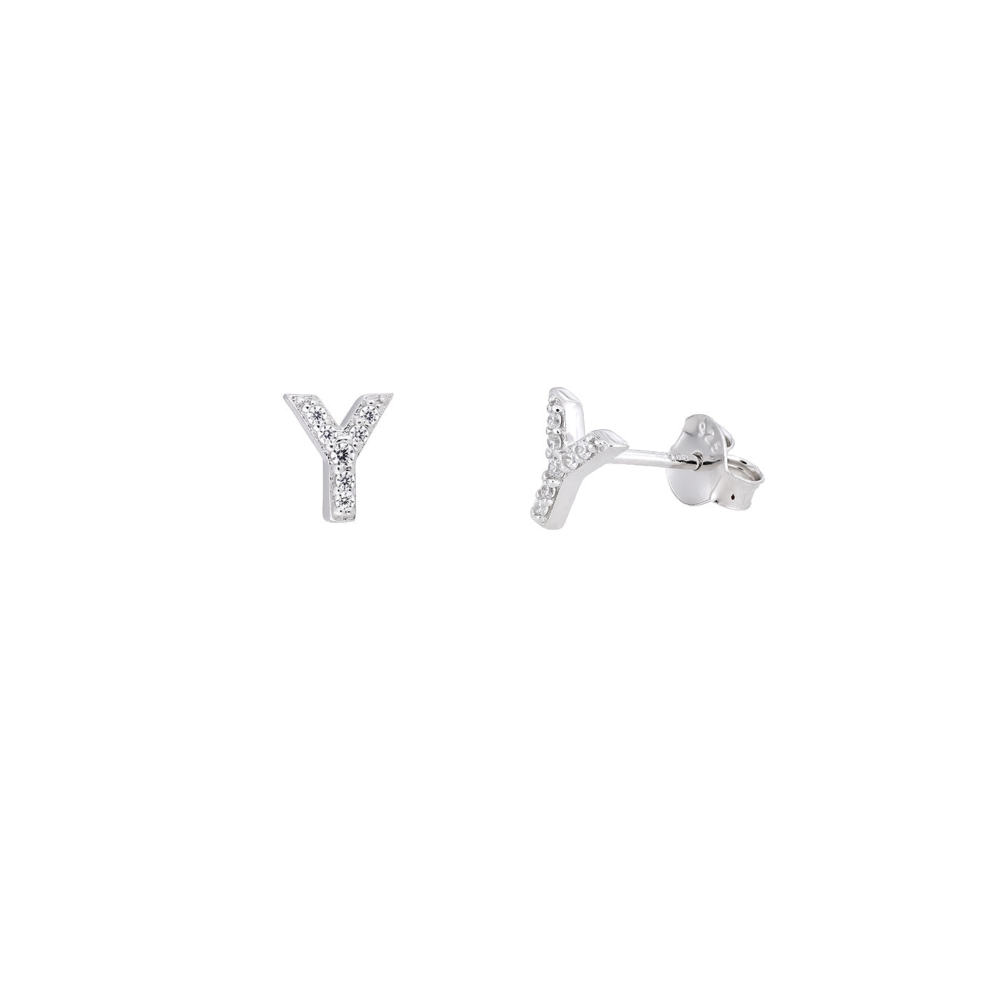 Pair of sterling silver stud earrings shaped as the letter Y, adorned with pavé-set stones for a refined and contemporary designer silver jewellery look.