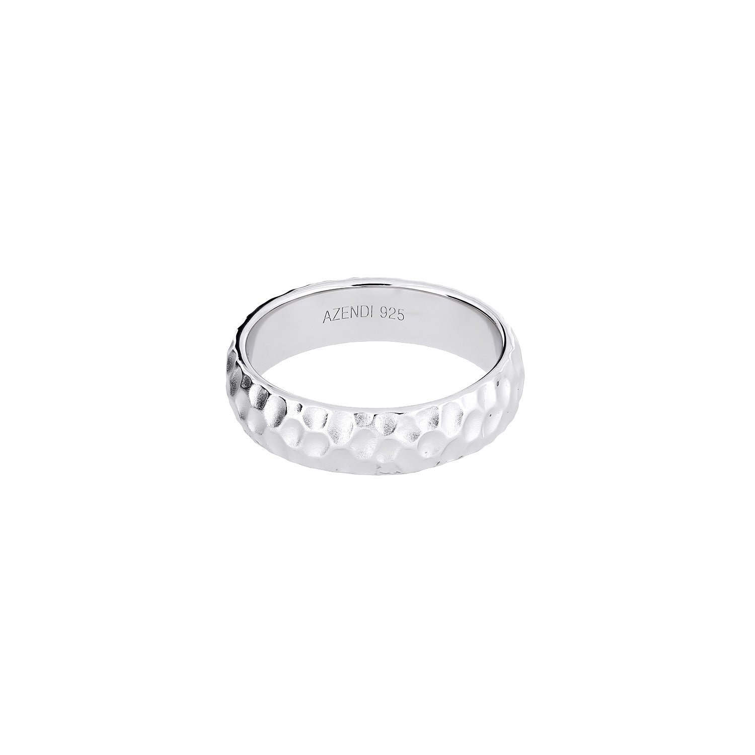 Sterling silver band ring with a satin hammered texture, showcasing a sculptural and contemporary design crafted by an award-winning British jeweller.
