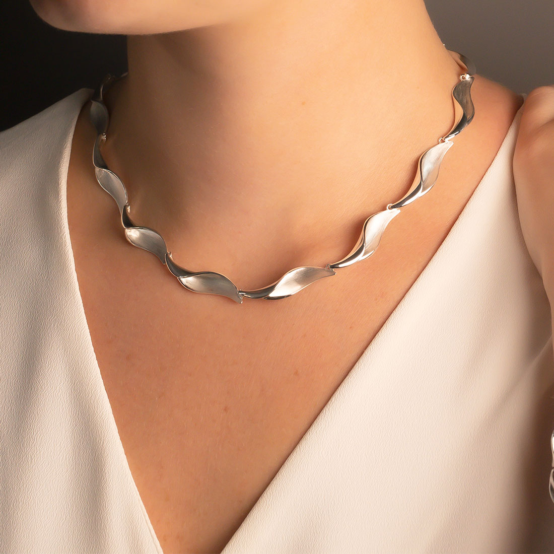 Silver Satin & Polished Folded Waves Necklace