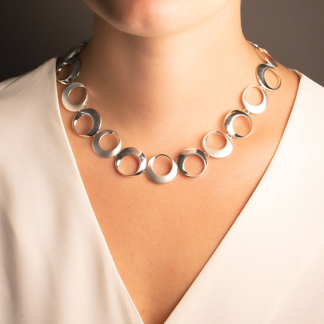 Silver Satin & Polished Open Circles Necklace