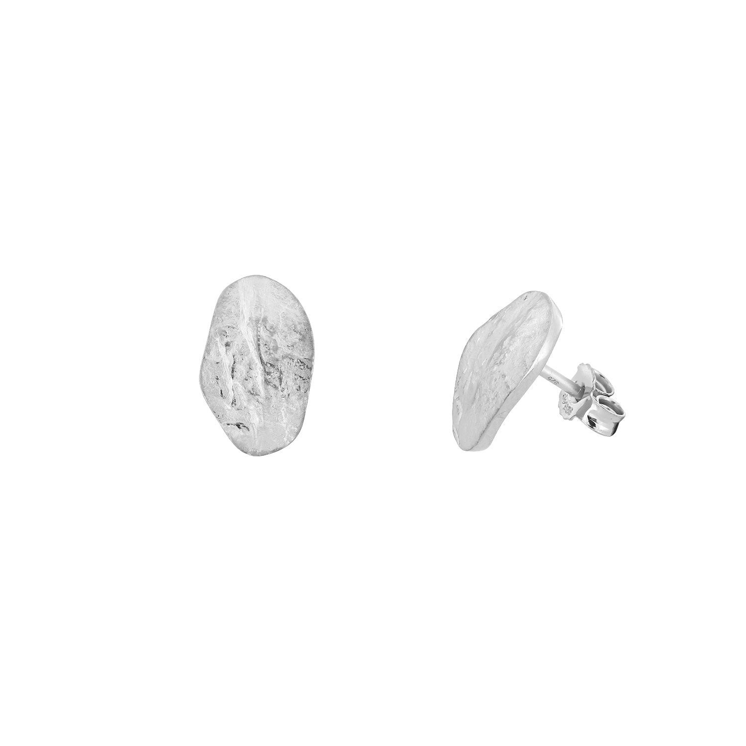 Sculptural sterling silver oval stud earrings featuring an organic, textured surface for a refined and contemporary look in British sterling silver jewellery by Azendi.