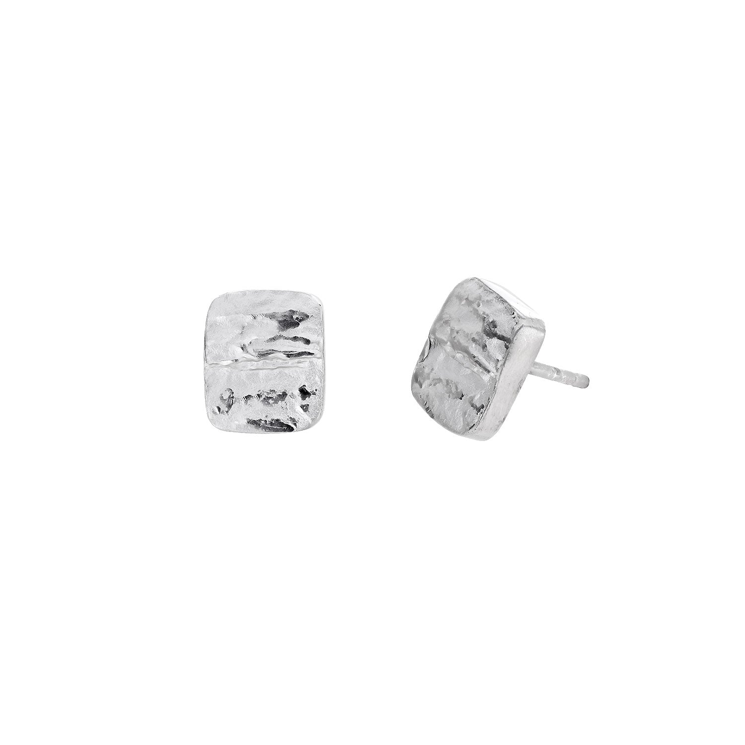 Pair of sterling silver rectangle stud earrings with a textured, hammered finish, showcasing a contemporary and sculptural design in fine silver jewellery.