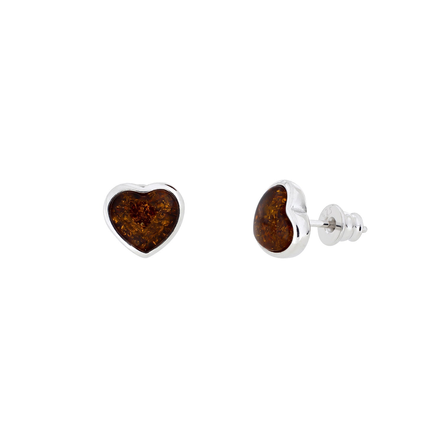 Sterling Silver & Cognac Amber Heart Earrings