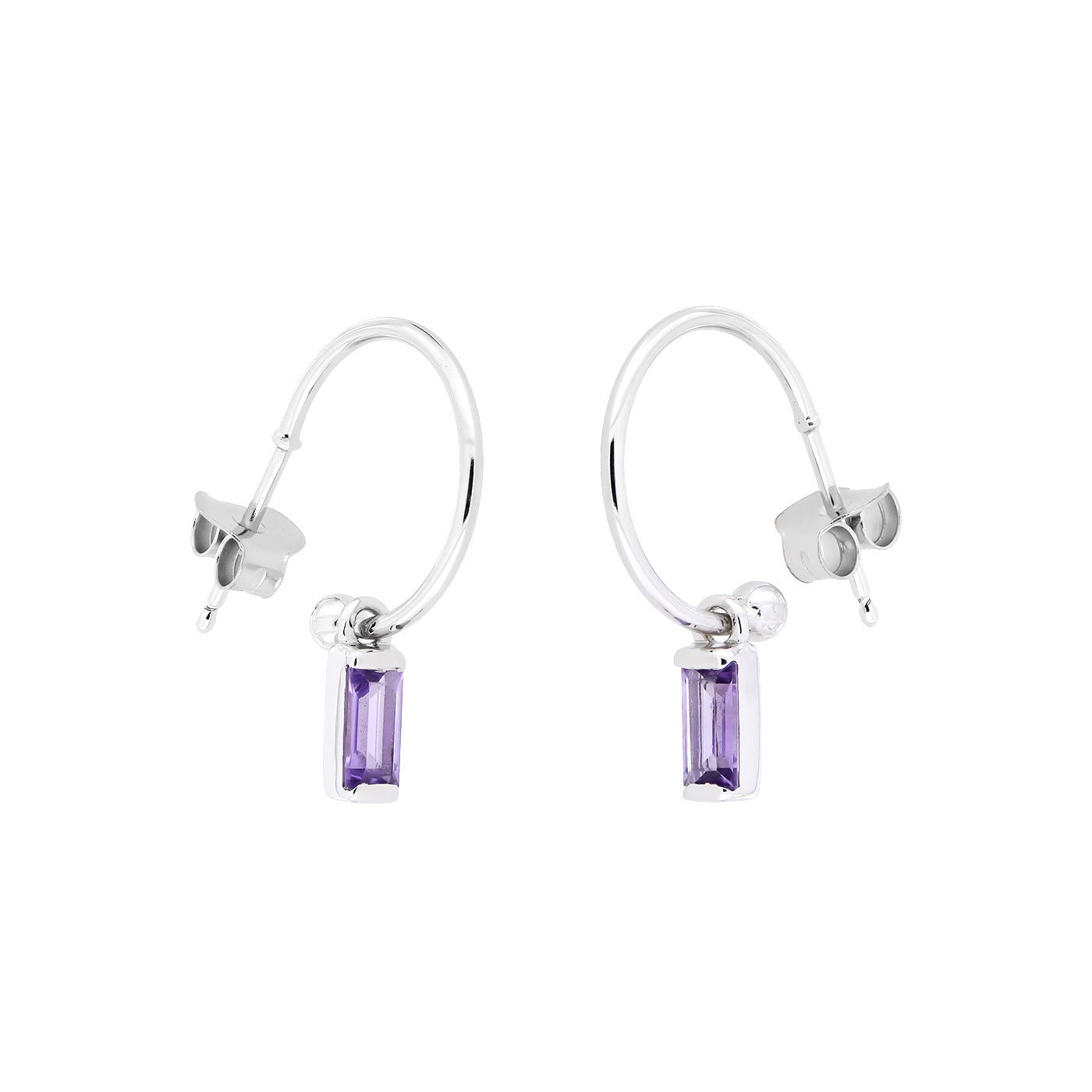 Sterling Silver Amethyst Baguette Mini Hoop Earrings