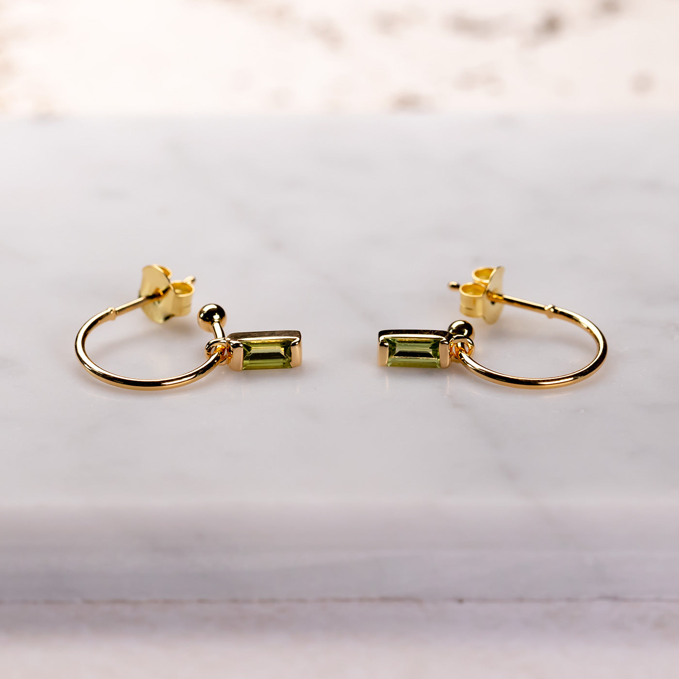 Gold Vermeil Peridot Baguette Mini Hoop Earrings