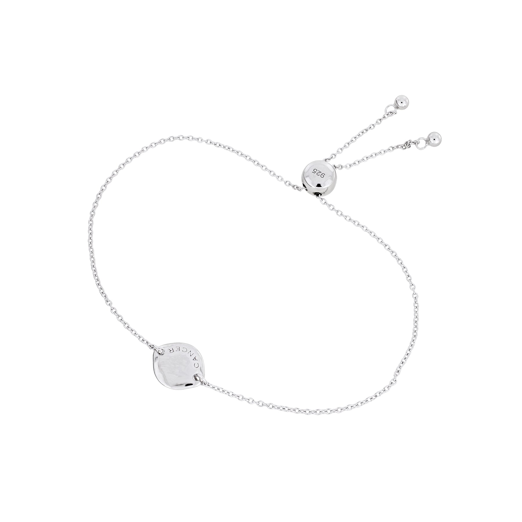 Delicate sterling silver adjustable bracelet featuring a smooth rounded charm engraved with the Cancer zodiac sign, finished with a sliding bead for customizable fit.
