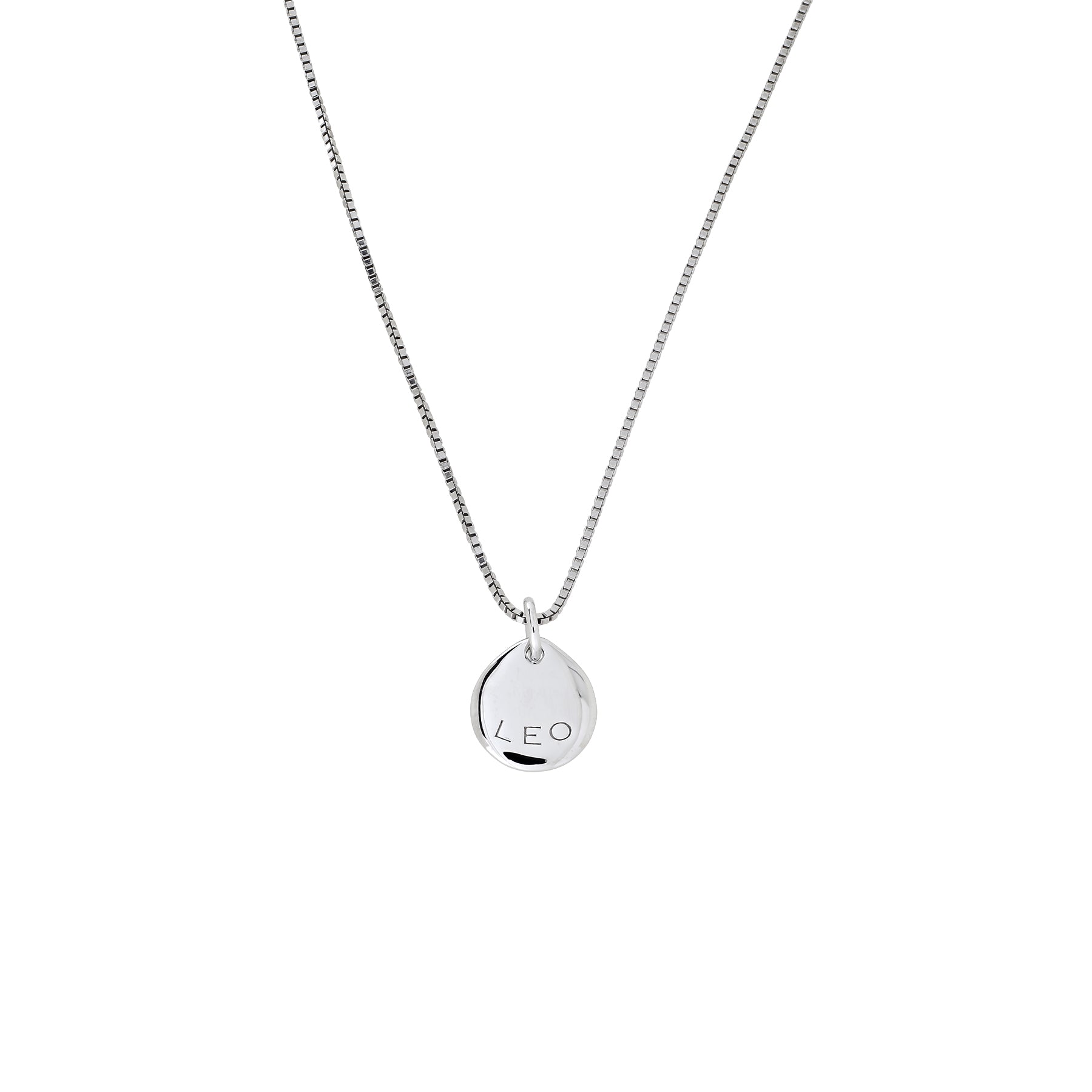 Sterling silver pendant engraved with the word "LEO" hanging from a fine chain, showcasing a sleek and polished zodiac-inspired design by Azendi.