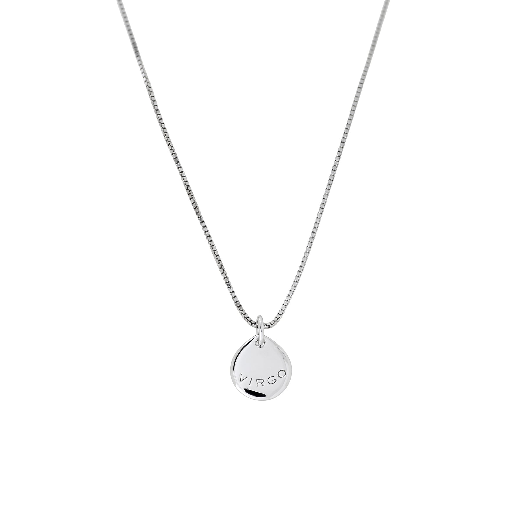 Delicate sterling silver pendant engraved with the word Virgo, suspended from a fine chain, capturing a minimalist and contemporary zodiac-inspired design.