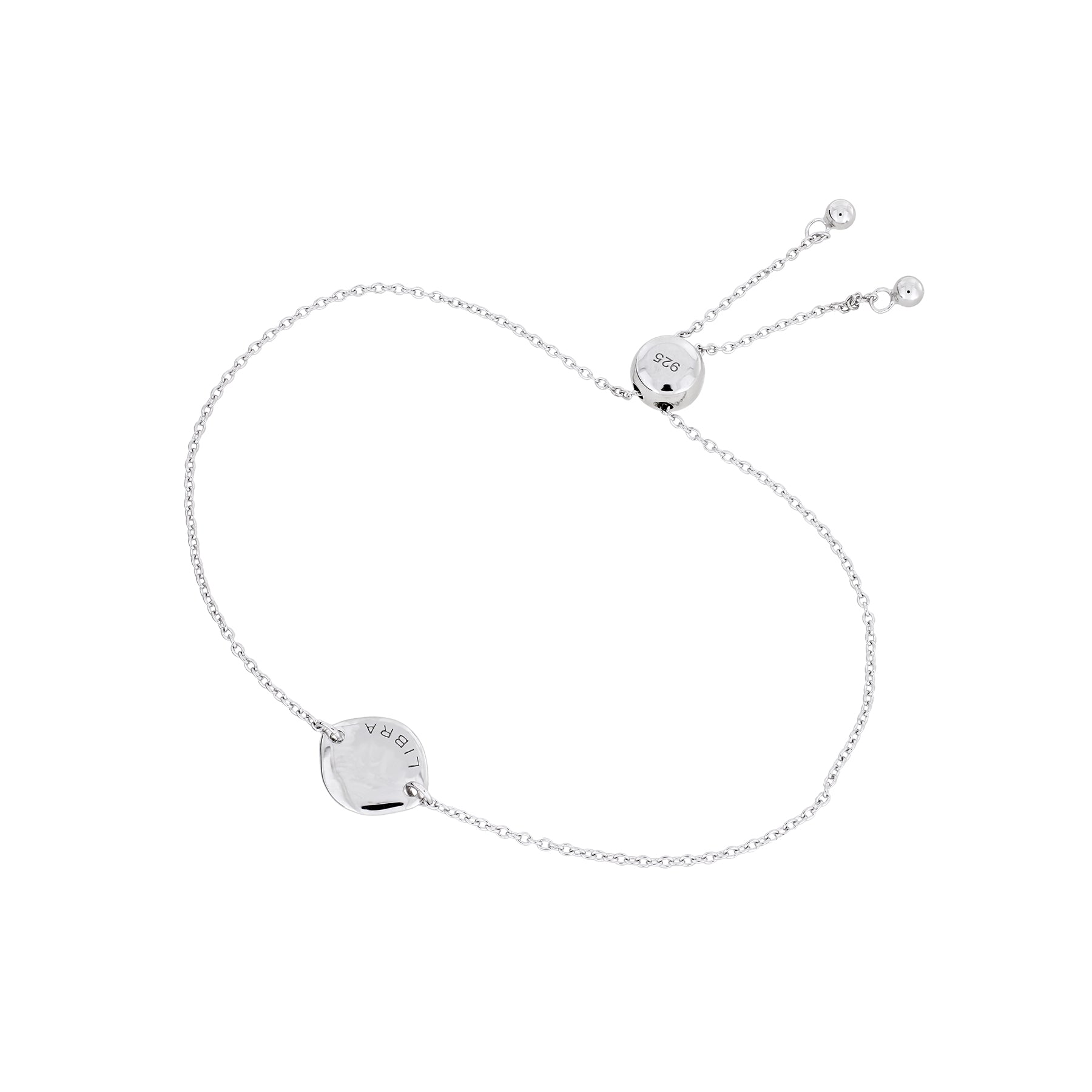 Delicate sterling silver adjustable bracelet featuring a smooth round charm engraved with the Libra zodiac sign, polished to a reflective finish with a sliding bead closure.