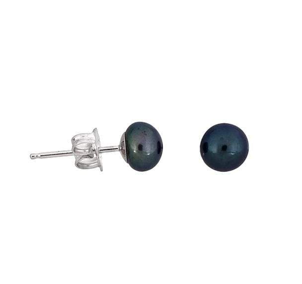 Pair of sterling silver stud earrings featuring lustrous peacock pearls in a classic round shape, showcasing timeless elegance in silver jewellery design.