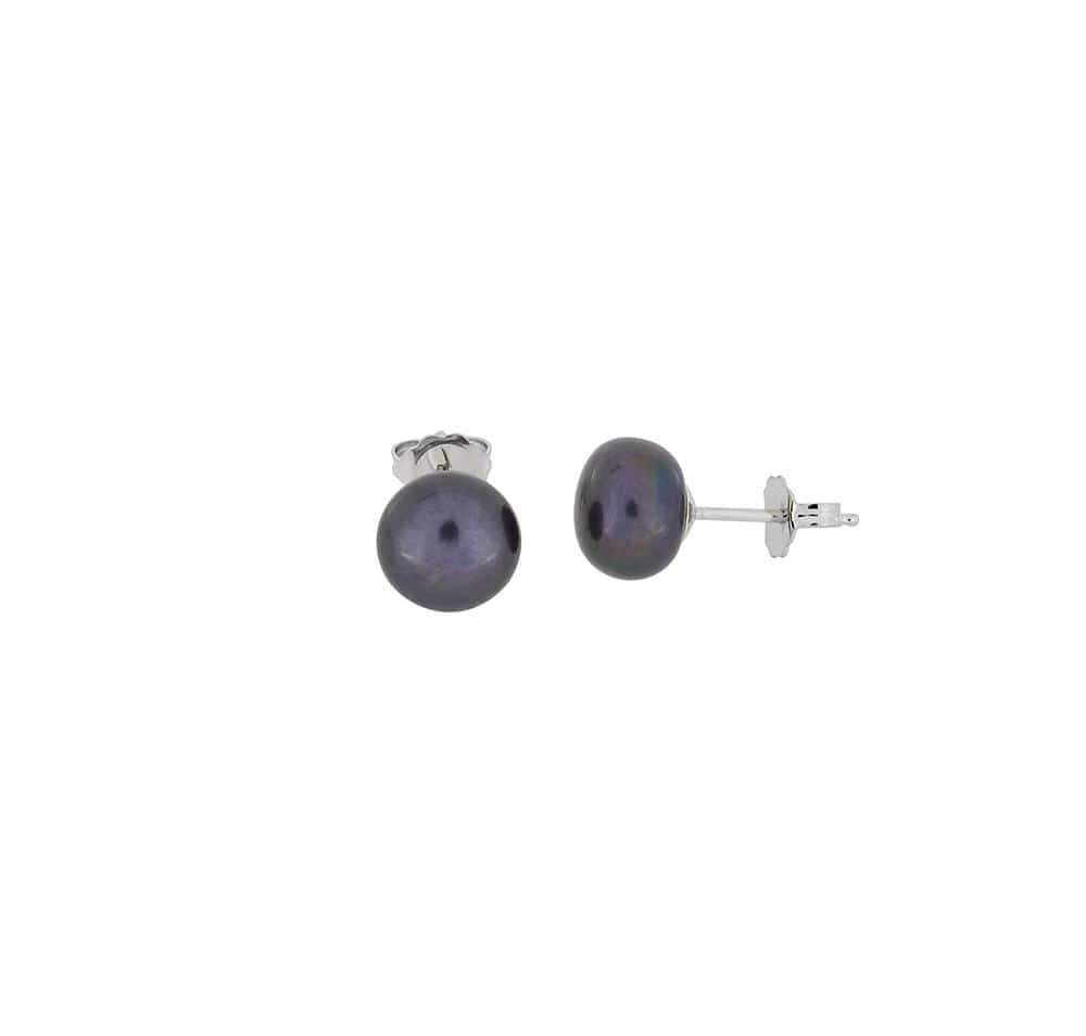Pair of sterling silver stud earrings featuring lustrous peacock pearls, showcasing a minimalist and timeless design in premium silver jewellery by Azendi.