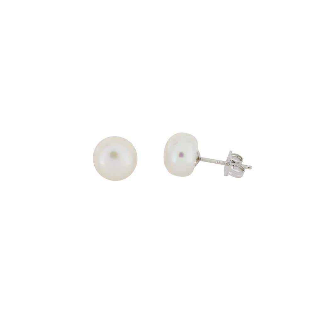 Pair of white pearl stud earrings set in sterling silver posts, highlighting a classic and refined design in premium silver jewellery by Azendi.