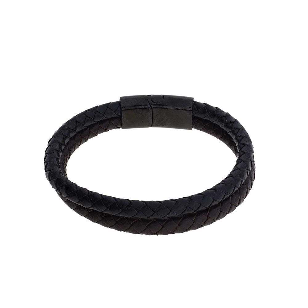 Black & Brown Double Strand Leather & Steel Men's Bracelet