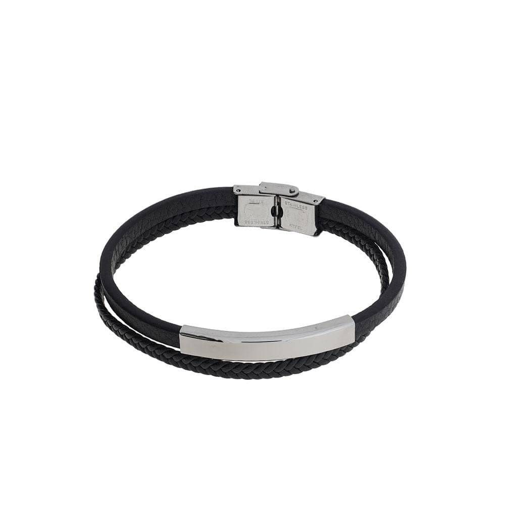 Black Double Strand Leather & Steel Men's Bracelet