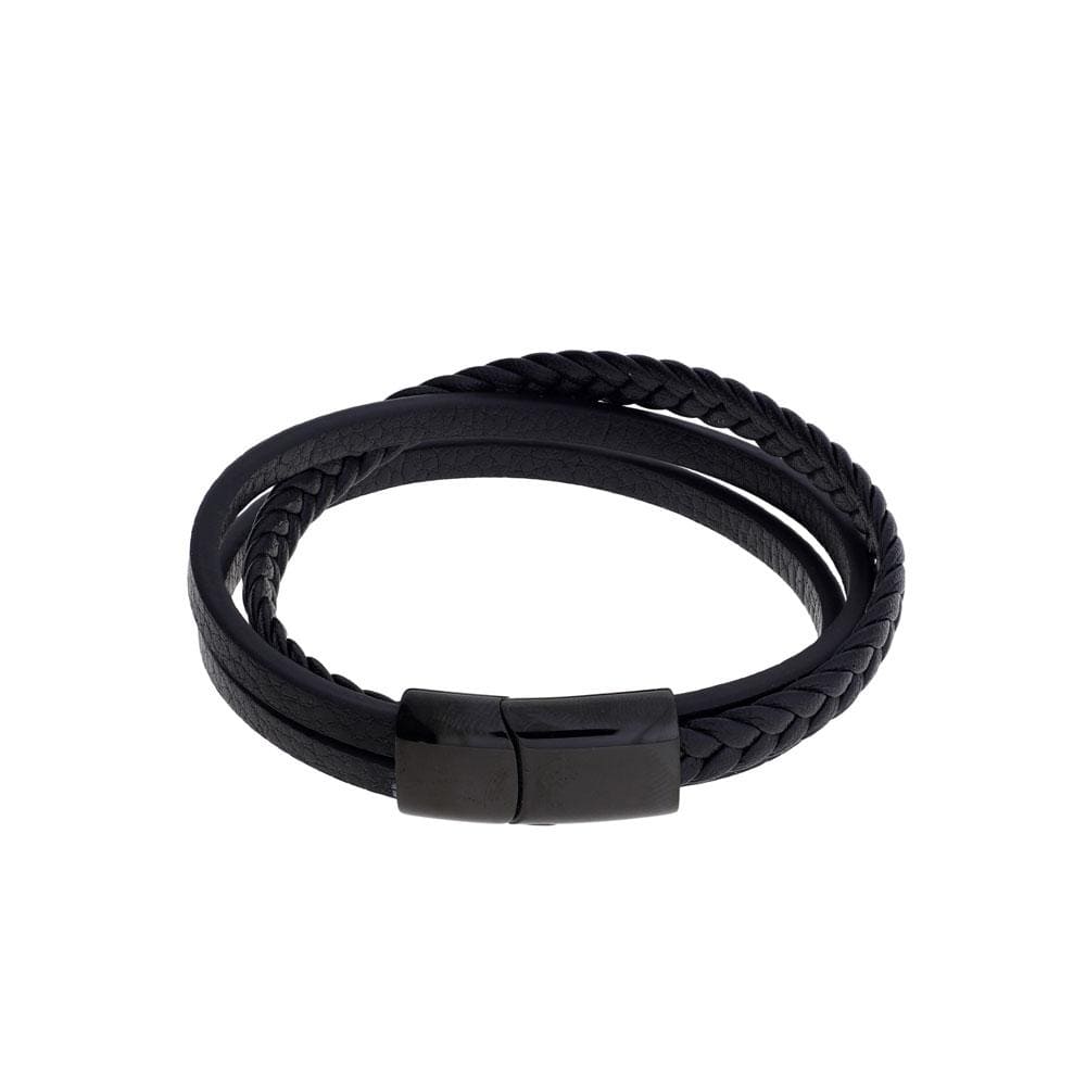 Black Triple Strand Leather Men&#39;s Bracelet