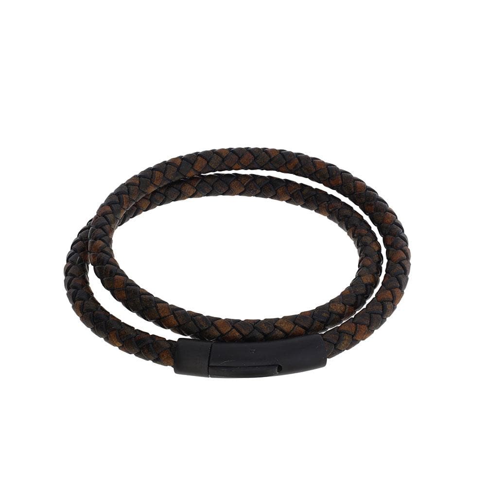 Brown Wraparound Leather &amp; Steel Men&#39;s Bracelet