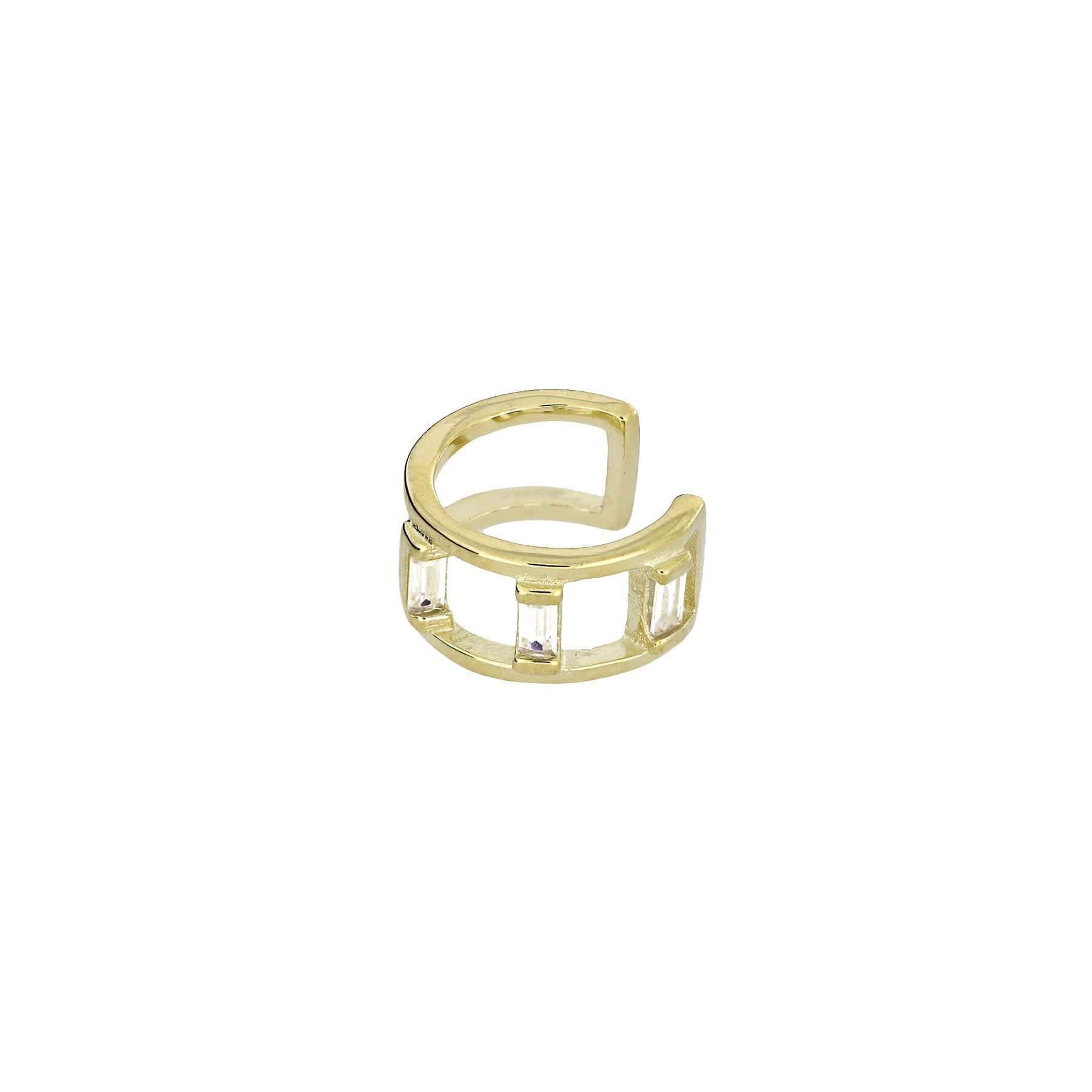 Open gold vermeil ear cuff featuring a sleek design with three baguette-cut stones set along the band, combining modern elegance with sculptural detail.