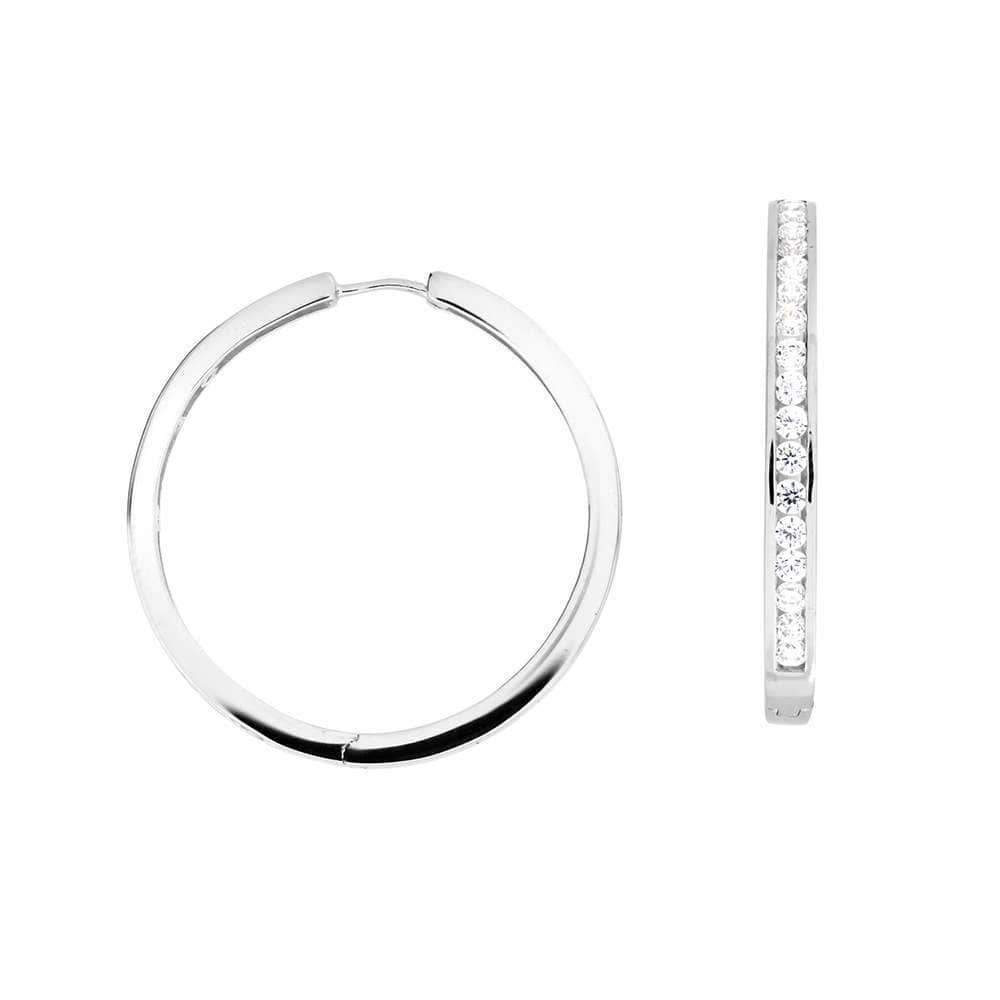 Pair of sterling silver hoop earrings featuring a sleek hinge design set with a row of sparkling large stones, exemplifying refined contemporary silver jewellery by Azendi.