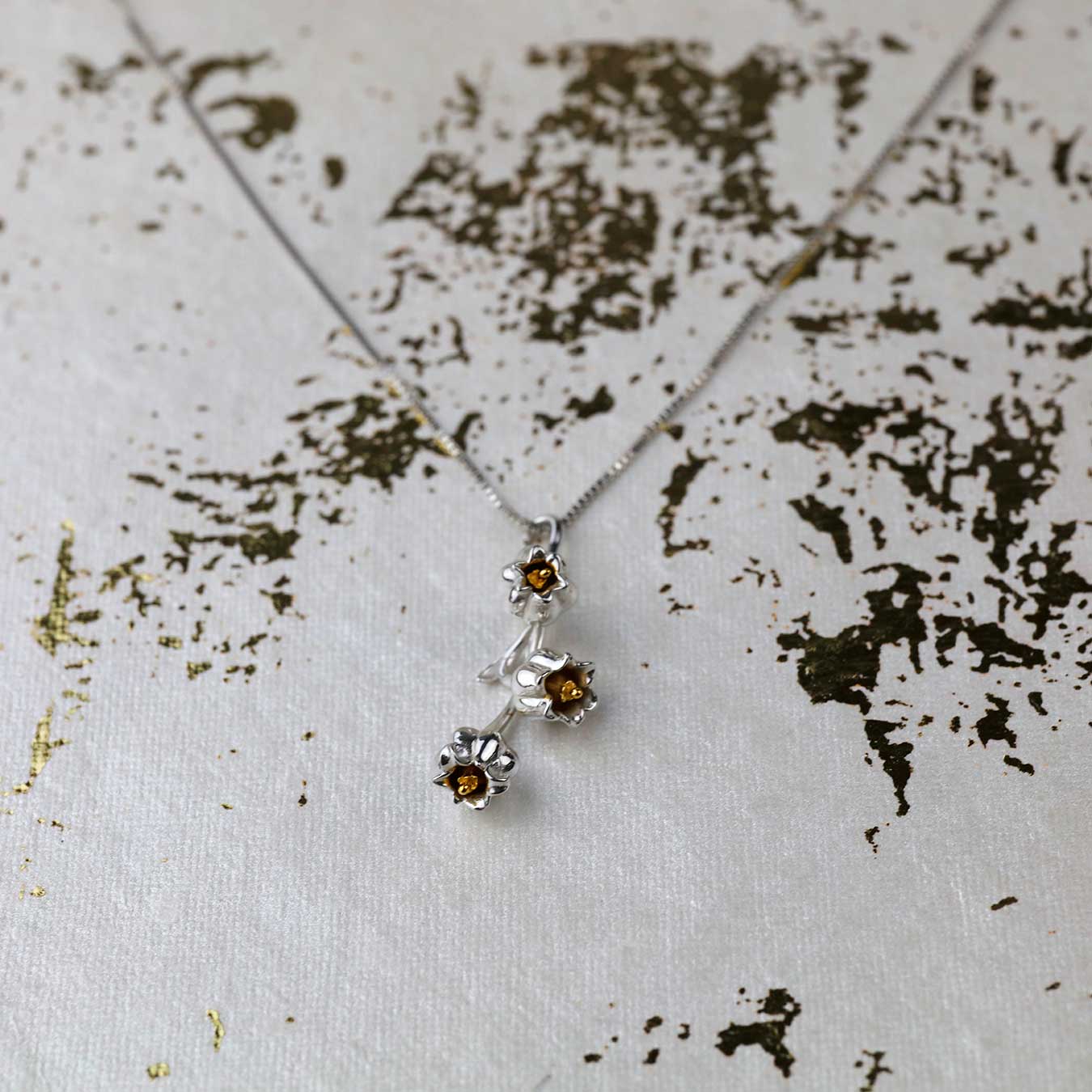 Sterling silver pendant inspired by lily of the valley flowers, featuring delicate blossom motifs with warm gemstone centers, suspended from a fine chain.