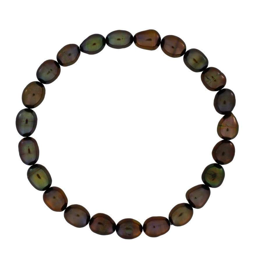 Stretch bracelet featuring irregular olive freshwater pearls with subtle natural variations, offering a graceful, sculptural accessory in contemporary sterling silver jewellery by Azendi.